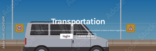 Minivan courier on highway asphalt road and minivan truck design concept flat vector illustration.