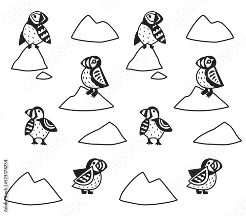 Black contour Puffins on the rocks