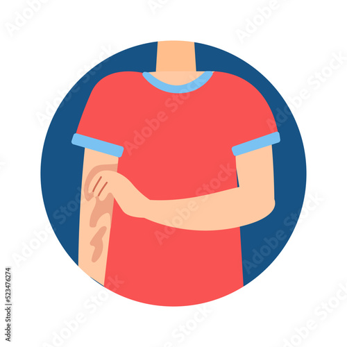 Allergy itch symptom cartoon vector illustration. Educational banner with man suffering from runny nose, rash, red eyes because of food, dust, insects