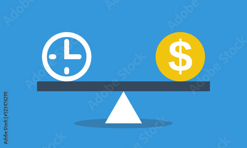 Clock and dollar coin in equilibrium on seesaw. Time is money concept. Vector flat style infografics illustration.