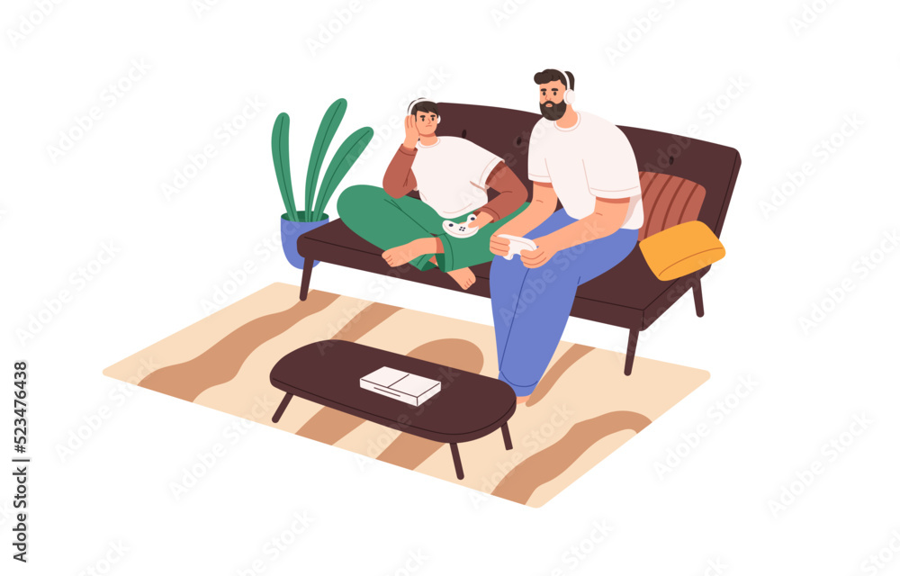 Father and son playing console video game, sitting on sofa at home. Family, dad and teenager boy with headphones and videogame joysticks in hands. Flat vector illustration isolated on white background Father and son playing console video game, sitting on sofa at home. Family, dad and teenager boy with headphones and videogame joysticks in hands. Flat vector illustration isolated on white background