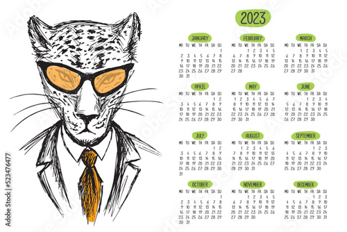 Calendar 2023 with funny hipster cheetah. Hand drawn horizontal poster with wild casual animal. Printable calendar grid template, monday first.