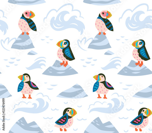 Puffins on the rocks seamless pattern