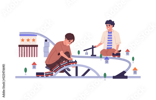 Boys friends play toy train on floor. Teenagers children with tiny railway road at leisure time at home. Happy teen kids with railroad together. Flat vector illustration isolated on white background