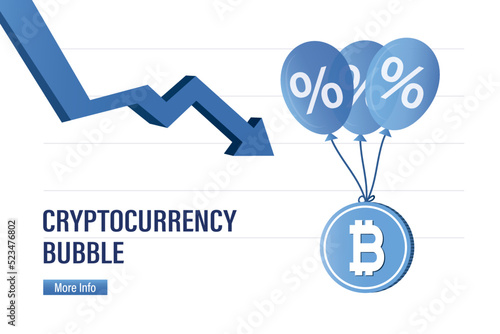 Financial, cryptocurrency bubble and invest in bitcoin, landing page template. Crypto trading, mining crisis, unstable crypto worth. Balloons with bitcoin float in sky. Blockchain technology.