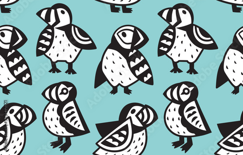 Black and white decorative Puffins seamless pattern