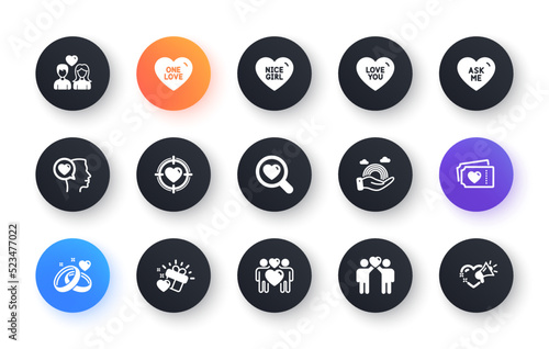 Minimal set of Romantic talk, Marriage rings and Love tickets flat icons for web development. Love couple, Friends couple, Valentine target icons. Ask me, Nice girl, Lgbt web elements. Vector