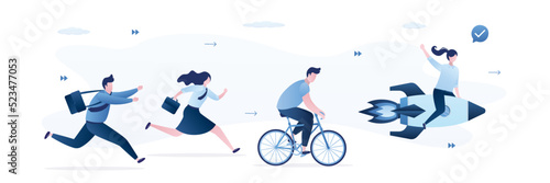 Business competition. Advantage, concept. Businesswoman flying on rocket and wins using technological advantage. Winner and losers businesspeople. Gender gap, feminism. Office Relationships.