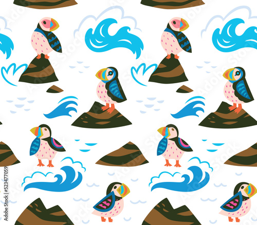 Puffins on the rocks seamless pattern