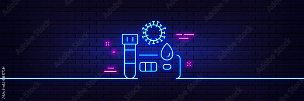 Neon light glow effect. Covid test line icon. Coronavirus testing sign. Blood test tube symbol. 3d line neon glow icon. Brick wall banner. Covid test outline. Vector Neon light glow effect. Covid test line icon. Coronavirus testing sign. Blood test tube symbol. 3d line neon glow icon. Brick wall banner. Covid test outline. Vector