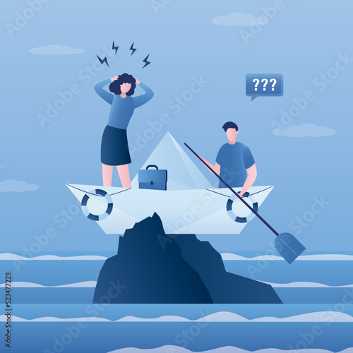 Hopeless businesspeople stuck on shipwrecked on high cliff. Life or business stuck, struggle with problem or obstacle. Mistake or failure cause hopeless situation, business difficulty.