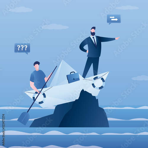 Hopeless businesspeople stuck on shipwrecked on high cliff. Stupid business leader. Life or business stuck, struggle with problem or obstacle. Mistake cause hopeless situation,