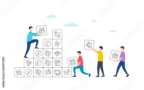 Currency line icons. People team work concept. Cash money, Euro Dollar transfer and Currency exchange. Financial rate, Change money and Euro Pound trade icons. Vector © blankstock