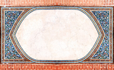 Detail of traditional persian mosaic wall with geometrical and floral ornament, Iran. Horizontal frame with ceramic tile