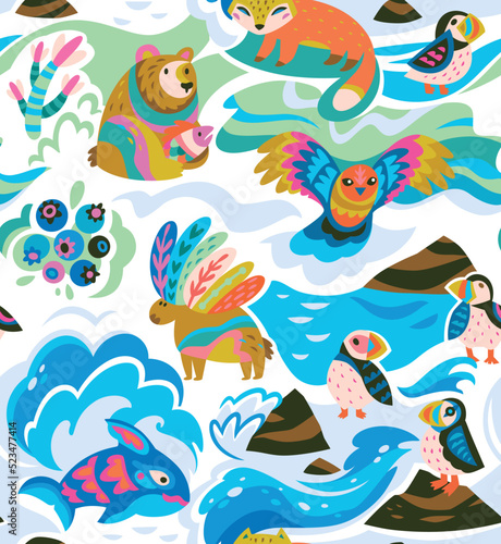 Alaskan animals seamless pattern