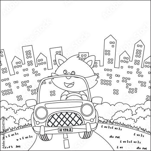 Cute little fox cartoon having fun driving off road car on sunny day. Cartoon isolated vector illustration, Creative vector Childish design for kids activity colouring book or page.