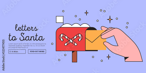 Child or parent hand hold or send mail to postbox. Character with envelope wrote letter to Santa Claus. Christmas or new year mail service and correspondence delivery vector illustration web banner.