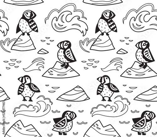 Black contour Puffins on the rocks seamless pattern