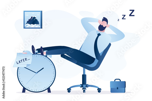 Break time. Procrastination do it later, postpone to work tomorrow, unproductive. Lazy worker man sleeping with no clue to wake up with big sticky note written word - later on alarm clock.