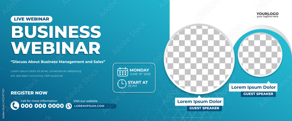 Webinar horizontal banner template design. Gradient blue background with circle photo frame Webinar horizontal banner template design. Gradient blue background with circle photo frame