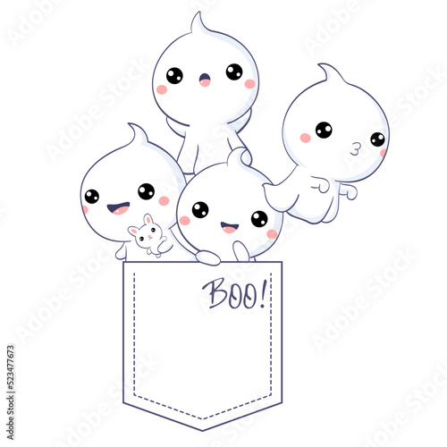 Cute kawaii little ghosts in pocket. Baby print with ghost in pocket. Childish print with funny characters for t-shirt design. Vector illustration EPS8