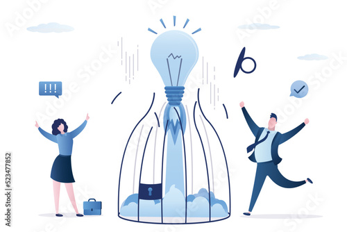 Unleash creativity or unlock idea. Idea bulb flight away from birdcage. Brainstorming, teamwork concept. Happy business people. Overcoming difficulties with new ideas and lack of creativity.