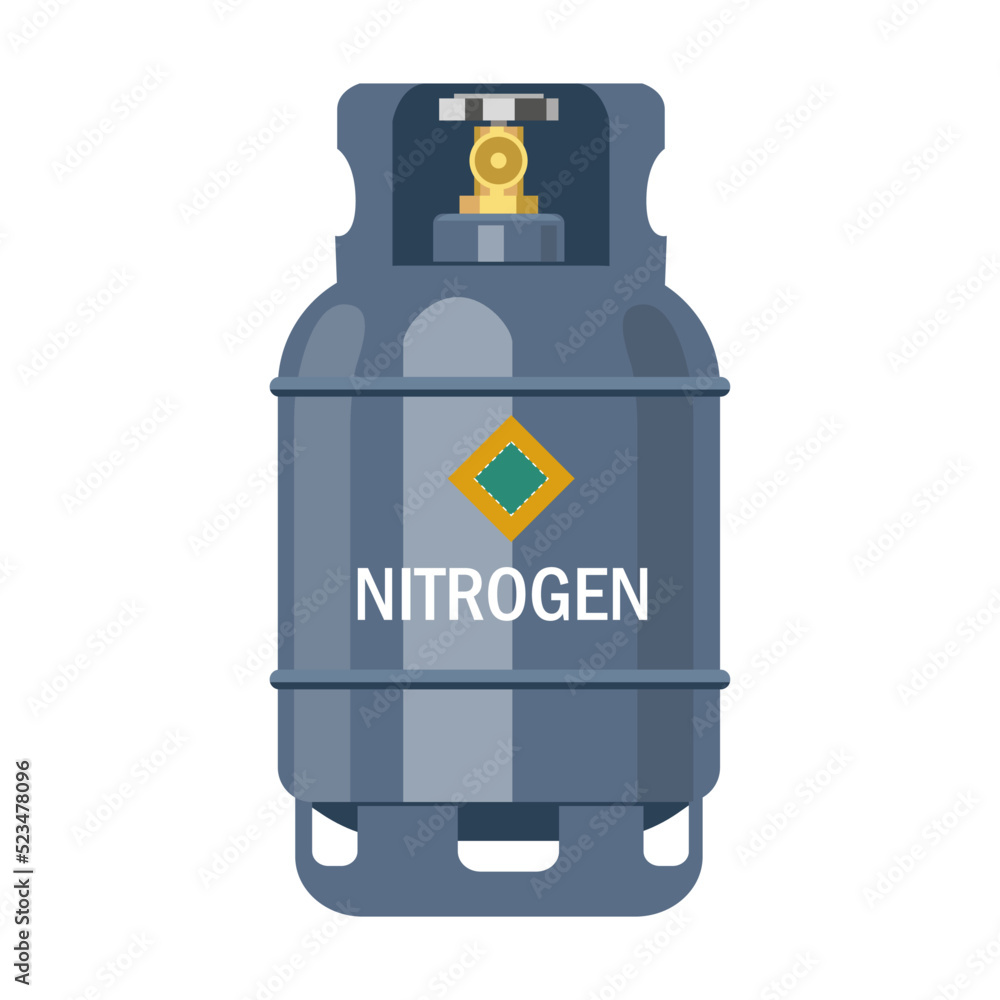 Nitrogen gas storage cylinders flat icon. Oxygen, nitrogen, carbon