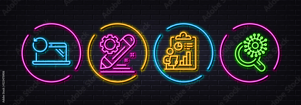 Recovery laptop, Report and Project edit minimal line icons. Neon laser 3d lights. Coronavirus research icons. For web, application, printing. Backup data, Survey clipboard, Settings. Vector