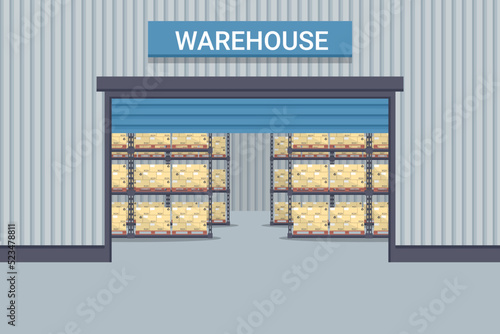 Industrial warehouse for the storage of products with industrial metal racks and shelves for pallet support. Industrial storage and distribution of products