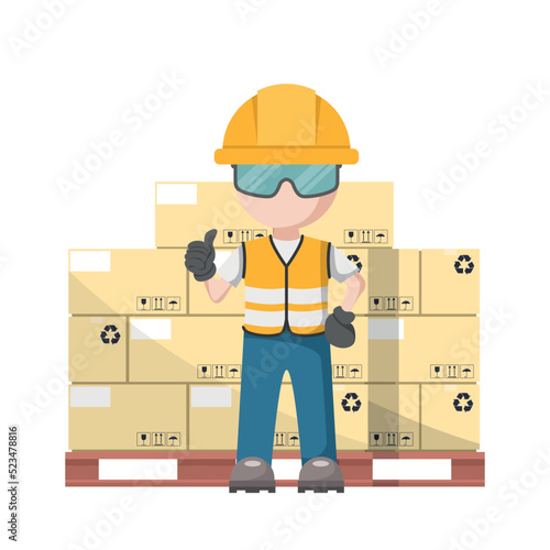 Industrial warehouse operator with boxes stacked on a pallet for storage. Industrial storage and distribution of products