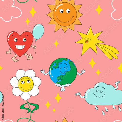 Background with funny characters. Bright seamless vector pattern with a heart, planet earth, clouds, a star, a daisy flower in a fashionable retro cartoon flat style.