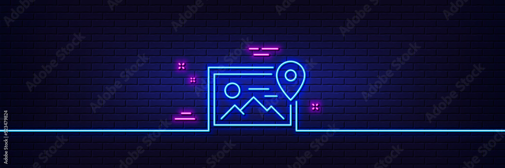 Neon light glow effect. Photo location line icon. Image thumbnail sign. Picture placeholder symbol. 3d line neon glow icon. Brick wall banner. Photo location outline. Vector Neon light glow effect. Photo location line icon. Image thumbnail sign. Picture placeholder symbol. 3d line neon glow icon. Brick wall banner. Photo location outline. Vector