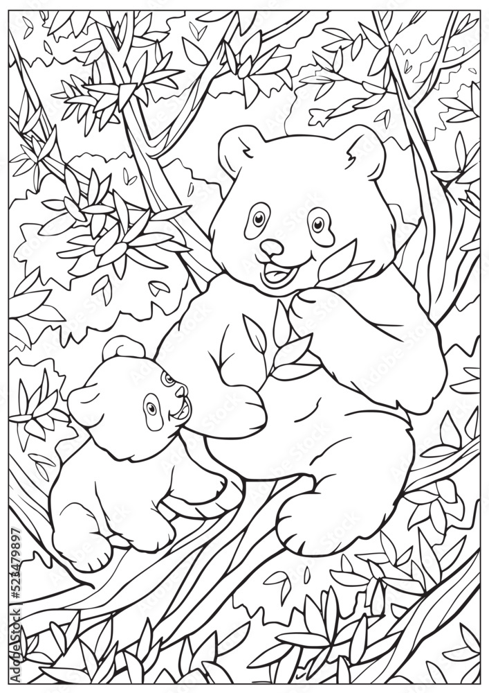 Coloring book page with cute cartoon pandas. Educational kids activity