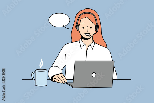Smiling woman in headset sit ta desk talk on video call on computer. Happy female call center agent have online conversation on laptop. Vector illustration. 