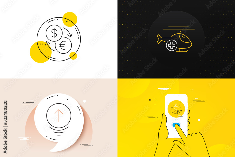 Minimal set of Chemistry lab, Currency exchange and Medical helicopter line icons. Phone screen, Quote banners. Swipe up icons. For web development. Laboratory, Money transfer, Sky transport. Vector