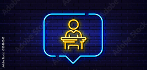 Neon light speech bubble. Election candidate line icon. Public voting sign. Politics campaign symbol. Neon light background. Election candidate glow line. Brick wall banner. Vector