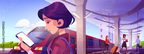 People on railway station with train, young woman wear headset look on smartphone screen listen music or reading. Passengers with luggage waiting boarding time on platform, Cartoon vector illustration