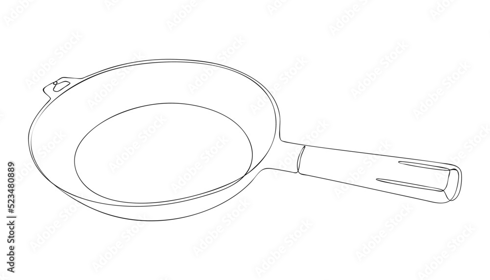 Round deep frying pan. One continuous line drawing. Cast iron skillet with wooden handle. Ecological and safe cooking utensils. Use for menu design in restaurant, cafe. Sketch, linear contour drawing Round deep frying pan. One continuous line drawing. Cast iron skillet with wooden handle. Ecological and safe cooking utensils. Use for menu design in restaurant, cafe. Sketch, linear contour drawing