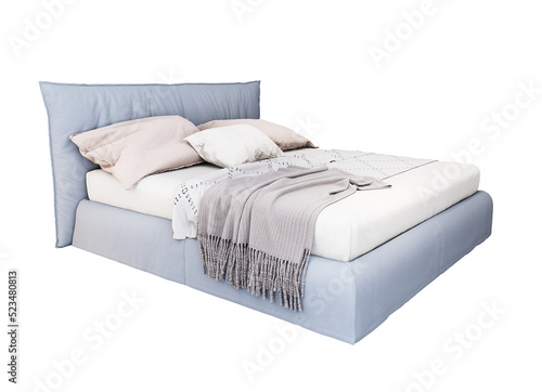 3d Furniture modern blue leather double bed isolated on a white background, Decoration Design for bedroom