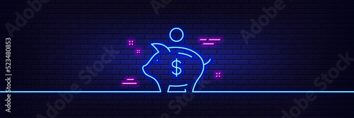 Neon light glow effect. Piggy bank line icon. Coins money sign. Business savings symbol. 3d line neon glow icon. Brick wall banner. Piggy bank outline. Vector