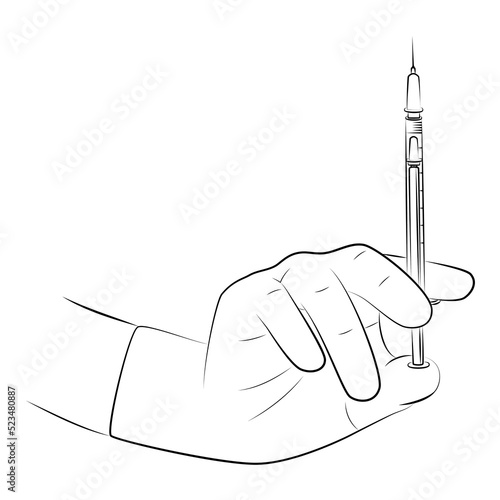 Nurse's hand in glove holds an insulin medical disposable syringe with needle. Plastic syringe applicable for insulin or vaccine injection, vaccination. Diabetes disease. Medical equipment. Sketch