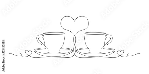 Silhouette of two tea couple with heart between them. One continuous line drawing. Mug and saucer for tea, coffee and hot drinks. Joint drinking of tea, sincere conversation, feeling of love. Sketch