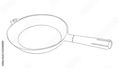 Round deep frying pan. One continuous line drawing. Cast iron skillet with wooden handle. Ecological and safe cooking utensils. Use for menu design in restaurant, cafe. Sketch, linear contour drawing