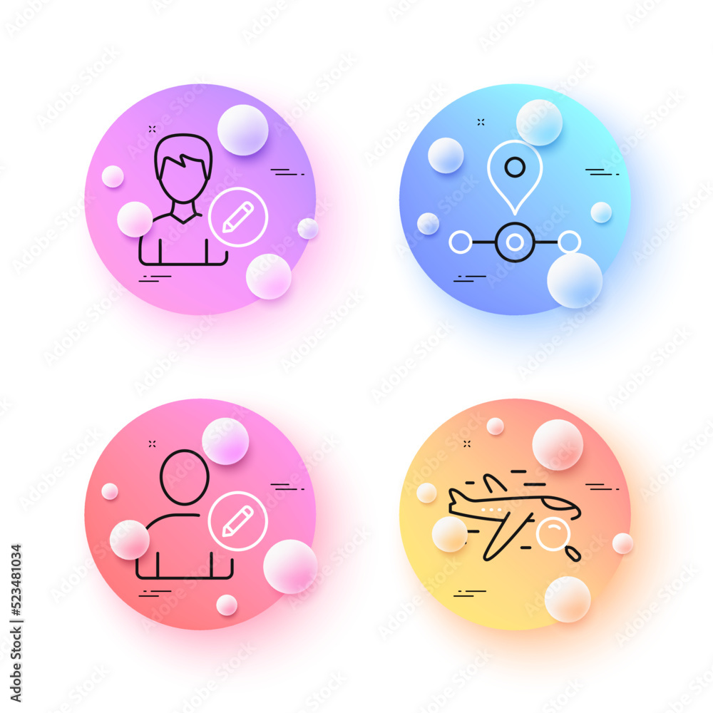 Search flight, Edit user and Station minimal line icons. 3d spheres or balls buttons. Edit person icons. For web, application, printing. Find travel, Profile data, Transit location. Vector Search flight, Edit user and Station minimal line icons. 3d spheres or balls buttons. Edit person icons. For web, application, printing. Find travel, Profile data, Transit location. Vector