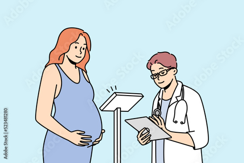 Doctor checking pregnant woman in hospital. Male GP weigh female with pregnancy at appointment in clinic. Healthcare and medicine. Vector illustration. 