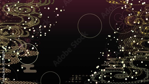 日本の伝統的な揺らめく流水紋と降り注ぐ水玉模様.　黒と金色の和風模様背景. 流れる雲や花