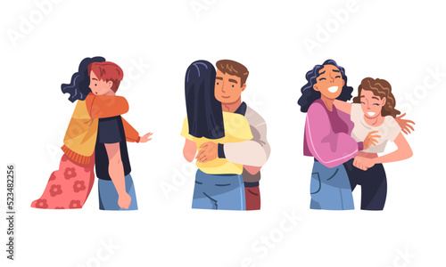 Set of young people standing together and hugging. Happy friends and romantic couples cartoon vector illustration