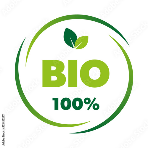 Bio 100% product label, sticker, badge and logo. Bio product icon. Logo template with green leaves for 100% bio friendly products. Vector illustration.