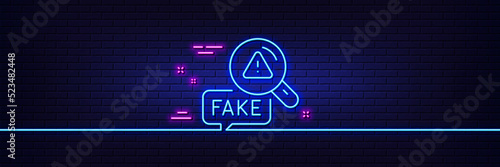 Neon light glow effect. Fake news line icon. Propaganda conspiracy sign. Check wrong truth symbol. 3d line neon glow icon. Brick wall banner. Fake news outline. Vector