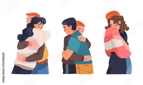 People standing together and hugging set. Friends and romantic couples cartoon vector illustration